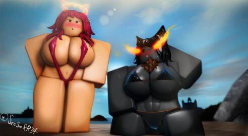 2girls 3d abs animal_ears areolae beach bikini black_hair blush breasts cameltoe chest_tuft dark-skinned_female dark_skin female halo hand_behind_head hellhound large_breasts light-skinned_female light_skin monster_girl open_mouth pussy red_hair roblox robloxian seesee sitting sitting_on_floor steaming_body sweat swimsuit thong
