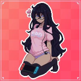 2020s 2023 black_hair black_thighhighs blue_eyes checkered_background dark-skinned_female dark_skin female glasses headphones heart hearts_around_head kana_fujisawa long_hair mp3_player nerdy_female nintendo_switch no_pants on_knees panties pixel_art shirt solo thighhighs tumblr_link white_outline yumykon yumyverse