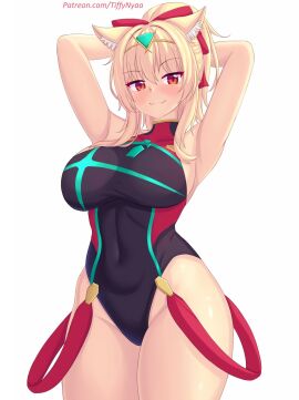 armpits arms_up big_breasts blonde_hair breasts cat_ears cat_girl catgirl cosplay female one-piece_swimsuit ponytail pyra pyra_(cosplay) pyra_(pro_swimmer)_(xenoblade) swimsuit tagme thick_thighs tiffy tiffynyaa xenoblade_(series) xenoblade_chronicles_2