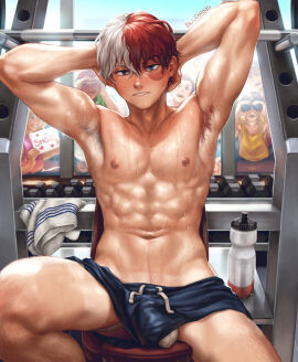 1boy almost_naked armpit_hair armpits arms_up bludwing boku_no_hero_academia boxers gay gay_male male male_focus male_only my_hero_academia shouto_todoroki sweat sweaty todoroki_shouto yaoi