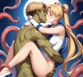 ai ai_generated blonde_hair blue_sky buns bunsen colorful colorful_background detailed detailed_background female green_skin kiss_mark kissing long_hair moon moonlight muscular muscular_male night sailor_moon tentacle tentacles_around_legs