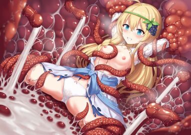 ahoge arms_up blonde_hair blue_eyes blue_skirt blush bow bow_panties braid breasts cameltoe clenched_teeth commission cum cum_pool female food food-themed_hair_ornament fruit grabbing grabbing_another's_breast grape_hair_ornament grapes hair_ornament iris_(konosuba) kono_subarashii_sekai_ni_shukufuku_wo! long_hair miyamori727 mosquito_bites nipples panties perky_nipples petite petite_body petite_breasts petite_female pixiv_commission pussy restrained shirt skirt slime_(substance) small_breasts spread_legs teeth tentacle thighs torn_clothes torn_shirt torn_skirt underwear white_panties white_shirt young young_female younger_female