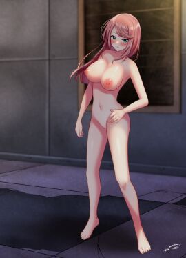 blush breasts commission completely_nude female full_body green_eyes hand_on_own_hip highres large_breasts long_hair looking_at_viewer mio1030 navel nipples nose_blush nude open_mouth outdoors pink_hair pussy ragnarok_online rune_knight_(ragnarok_online) signature skeb_commission solo standing tile_floor tiles uncensored variant_set