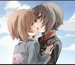 2girls brown_eyes brown_hair closed_eyes female female_only fully_clothed girls_und_panzer incest kissing medium_hair multiple_females multiple_girls nishizumi_maho nishizumi_miho open_mouth sisters yuri