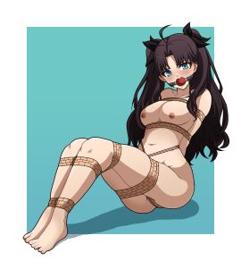 1girls arms_tied arms_tied_behind_back ball_gag black_hair bondage bound breasts completely_naked completely_nude dankestofdans fate_(series) female female_only femsub gag human legs_tied_together legs_together light-skinned_female light_skin looking_at_viewer naked naked_female nipples nude nude_edit nude_female nude_filter red_ball_gag restrained ribbons rope rope_bondage simple_background sitting_on_floor solo submissive_female third-party_edit tied_down tied_up tiedtiki tohsaka_rin tsundere twintails