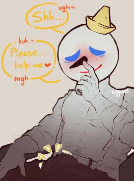 balls bara blush bulge flaccid jack_box jack_in_the_box male male_only mascot monochrome muscles muscular object_head penis sitting solo solo_male speech_bubble wgguus yaoi