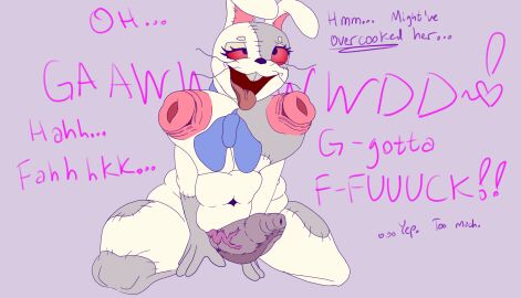 ahe_gao anthro areola big_breasts breasts dialogue erection five_nights_at_freddy's foreskin futanari gaping gaping_nipples genitals herm hi_res intersex lagomorph likasomboody looking_pleasured mammal nipples open_mouth penis possession puffy_areola puffy_nipples scottgames slightly_chubby solo uncircumcised vanny_(fnaf) vein veiny_penis