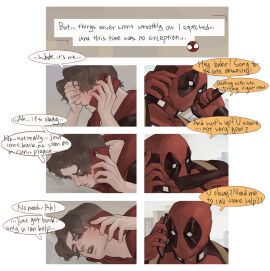 deadpool face_closeup gay lkikai male male/male male_only marvel marvel_comics no_visible_genitalia peter_parker spider-man spider-man_(series) wade_wilson