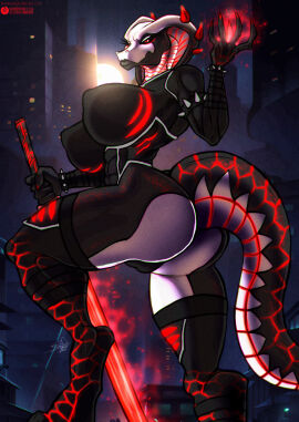 2024 anthro armband armlet artist_name ass big_ass big_breasts big_butt black_body black_sclera bluewolfartista bracelet breasts building camel_toe cameltoe city claws clothing cobra cyberpunk detailed_background digitigrade female futuristic glowing glowing_sword hi_res holding_katana holding_melee_weapon holding_object holding_sword holding_weapon horn huge_breasts jewelry katana krya_vortex_(ghilliecamo) looking_at_viewer melee_weapon multicolored_body nipple_outline outside pose pupils pussy red_body red_claws red_eyes red_horn reptile scalie side_view signature skinsuit slit_pupils snake solo spiked_armband spiked_bracelet spikes sword tight_clothing weapon white_body