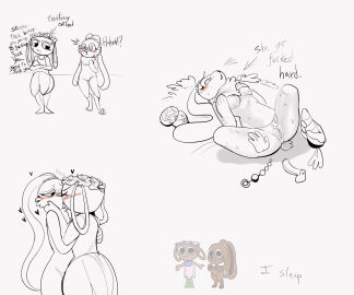 2girls bassie_(dandy's_world) black_and_white blush breasts bunny_ears bunny_girl carrot cocoa_(dandy's_world) dandy's_world denkrill dildo dress female furry hate_sex implied_sex kissing laying_on_back making_out monochrome multiple_images pussy roblox sex_toy thinking toys yuri