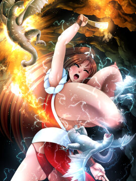 2d 2d_(artwork) 3monsters attack attacked breasts breasts_out brown_hair censored crossover electric_shock electricity enormous_breasts fan fatal_fury female fighting fighting_back fire hacchake_yarou_a_team hatchake_taro khezu khezu_whelp king_of_fighters long_hair mai_shiranui monster monster_hunter monster_rape mosaic_censoring nipple_suck nipples open_mouth pain ponytail resisting resisting_rape special_attack sweat swinging_breasts variant