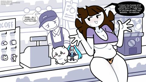 1boy 1girls :3 accurate_art_style animal_print artist_self-insert asexual baseball_cap belly blush breasts brown_hair cash_register cat_print character_doll cleavage clothing counter crane_game crop_top cropped_shirt employee_uniform english english_dialogue english_language english_text female female_only figure hands_up hat huge_breasts jaiden jaiden_animations jaidenanimations large_breasts leopard_print long_hair male midriff navel open_mouth panties plump print_panties purple_shirt sexually_suggestive shirt shop short_sleeves smile steca sweatdrop talking text thelazyart thick_legs thighs twintails underboob undersized_clothes underwear white_skin youtube youtuber youtuber_girl youtubers