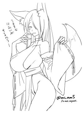 alternate_costume big_breasts breasts detached_sleeves female female_only fox_ears fox_girl fox_tail gegege_no_kitarou genderswap genderswap_(mtf) japanese_clothes kemonomimi kitarou_tanjou_gegege_no_nazo kitsune line_art long_hair medama_oyaji_(human) mi_am5 milf monochrome no_bra rule_63 sideboob smile solo very_long_hair youkai