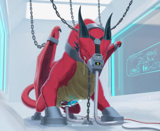 belly bodily_fluids bound chained chains closed_eyes cum cum_collecting dragon ericherilan feral genital_fluids herilan hi_res horn laboratory male membrane_(anatomy) muzzle_(object) muzzled mythological_creature mythological_scalie mythology penile penis penis_milking penis_milking_machine quadruped red_body restraints saliva scalie screen socket solo solo_male spread_legs spreading wings wings_tied yellow_belly yellow_eyes