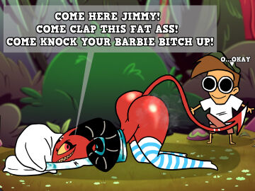 anthro aroused ass barbie_wire big_ass big_butt big_penis bodily_fluids cafe-grimful clothing demon dialogue duo erection female footwear forest genitals helluva_boss hi_res horn hug huge_ass huge_butt hugging_object hugging_pillow human humanoid interspecies jimmy_(helluva_boss) knee_highs kneeling legwear looking_back male male/female mammal nude penis pillow plant red_body smile socks steaming_body sweat sweaty_ass sweaty_butt tail thick_thighs tree wide_hips yellow_eyes