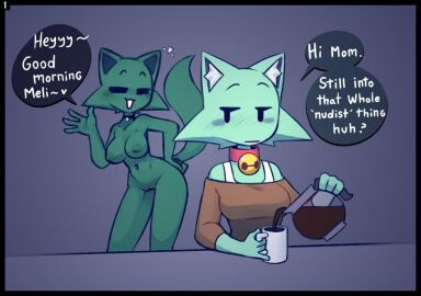 2d 2d_(artwork) 2d_artwork 2girls anthro big_breasts breasts cat_girl cat_humanoid catgirl coffee coffee_mug collar female green_fur melina_(nekuzx) multiple_females multiple_girls nekuzx nude nude_female nudist oc original original_character original_characters sara_(nekuzx) waving