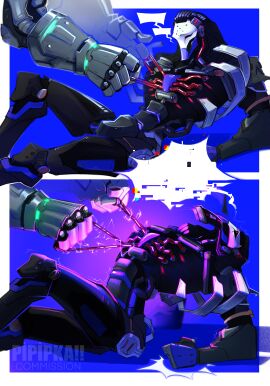 arched_back bob_(overwatch) electricity male/male male_only mecha mechanical overwatch overwatch_2 pipipka ramattra robot_boy robot_humanoid wireplay wires