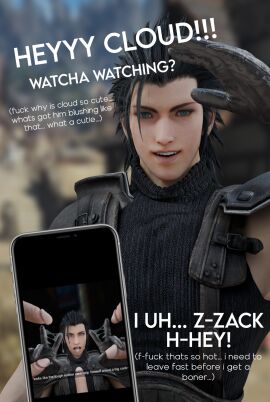 3d cloud_strife cum_drip cum_in_mouth cum_on_face cum_on_fingers cum_on_tongue final_fantasy final_fantasy_vii final_fantasy_vii_rebirth final_fantasy_vii_remake gangbang gay male male_only phone phone_screen speech text zack_fair