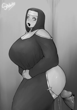 blush clothed clothed_female female glory_hole imminent_sex male nun nun's_habit nun_outfit original penis shokebe