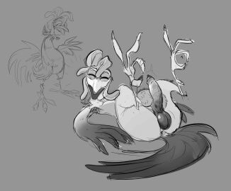 2024 anus armpit_hair ass avian bajableat balls beak bird body_hair chicken chicken_joe closed_eyes feathers furry galliform gallus_(genus) genitals gesture greyscale hand_gesture hi_res humanoid_genitalia humanoid_penis looking_at_viewer lying male male_only monochrome ok_sign on_back penis perineum phasianid simple_background solo sony sony_corporation sony_pictures_animation surf's_up tail tail_feathers what