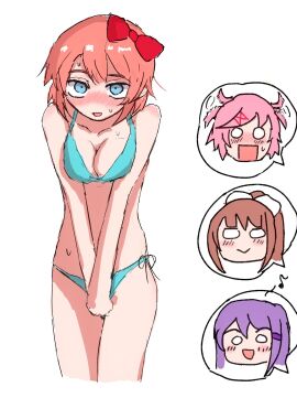 2b_enpituu 4girls bare_shoulders blue_eyes blush blush_lines blushing blushing_at_viewer blushing_female bow breasts brown_hair brunette brunette_hair cleavage clothed clothed_female clothing doki_doki_literature_club embarrassed female female_focus female_only hair_bow hairbow human monika_(doki_doki_literature_club) multiple_females multiple_girls natsuki_(doki_doki_literature_club) pink_hair purple_hair red_bow red_hair_bow red_hairbow sayori_(doki_doki_literature_club) solo_focus strawberry_blonde_hair yuri_(doki_doki_literature_club)