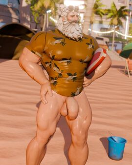 1boy balls bara beach big_balls big_penis bottomless bottomless_male light-skinned_male light_skin male male_only muscular muscular_male overwatch overwatch_2 penis reinhardt solo solo_male txddy3d yaoi
