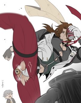 2boys anal_plug anus ass_visible_through_thighs bara beard_stubble brown_hair bursting_pectorals buttplug dildo doodlefish doodlefish75 facial_hair gallagher_(honkai:_star_rail) gay hair_between_eyes highres honkai:_star_rail honkai_(series) incoming_attack jockstrap kicking large_pectorals leg_lift looking_at_another male male_focus male_only male_underwear male_underwear_peek mature_male medium_hair midriff_peek motion_blur multiple_boys multiple_males muscular muscular_male navel_hair_peek pants pectoral_cleavage pectorals sex_toy solid_circle_eyes solo_focus stubble thick_eyebrows thick_thighs thighs torn_clothes torn_pants underwear white_male_underwear yaoi