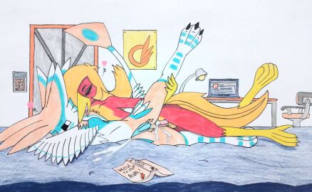 absurd_res anthro avian beak bed bedroom bird blue_penis blush bodily_fluids book book_title chair chrysolophus computer conor_(juliopablo0867) cum cum_in_pussy cum_inside cuntboy cuntboy_sans_balls electronics eyeliner feathers furniture galliform genital_fluids genitals glori_gamebird golden_pheasant hair heart herm hermaphrodite hi_res intersex juliopablo0867 lamp laptop long_hair long_tail makeup male male_only maleherm multi_genitalia nude penetration penis phasianid pussy raised_leg red_body red_feathers sex tail tapering_penis traditional_media_(artwork) vaginal_penetration yellow_beak yellow_body yellow_feathers