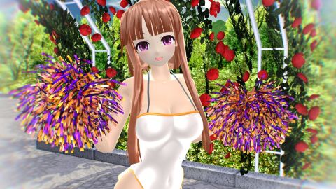 1girls 2023 3d blush breasts brown-haired_female cleavage female garden half-closed_eyes hati_yukkuri_mmd hidden_star_in_four_seasons holding_pom_poms human jpeg light-skinned_female light_skin long-haired_female looking_at_viewer mmd nishida_satono open_mouth outdoors pink_eyes pom_poms rose solo_female solo_focus swimsuit touhou white_swimsuit