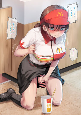 1futa absurdres ayanakitori bar_censor big_breasts black_footwear black_skirt blue_eyes blush bottomless breasts brown_hair censor_bar censored censored_penis closed_mouth clothed clothing cup disposable_cup drinking_straw dvddvd_(meme) employee_uniform erection futa_masturbation futa_only futanari highres human intersex japanese_text kneehighs kneeling large_breasts leaning_forward light-skinned_futa light_skin loafers long_hair low_twintails masturbation mcdonald's meme miniskirt mostly_clothed on_floor original penis shoes short_sleeves skirt socks solo speech_bubble tears thighs translation_request twintails visor_cap wing_collar