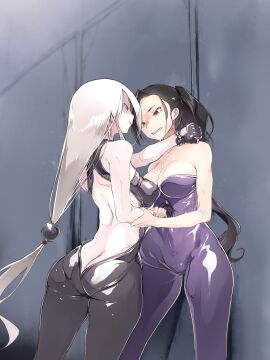 2girls alley armpits bare_back belly_punch blonde_hair brown_hair catfight face_to_face female female_focus female_only femdom gmi3 holding latex_clothing latex_suit original original_characters rubber_suit standing staredown tagme thick_thighs yuri