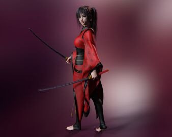 1girls 3d barefoot black_hair brown_hair female female_only full_body holding japanese_clothes katana kimono lips long_hair original original_character pigtails solo standing strawww sword tagme warrior weapon