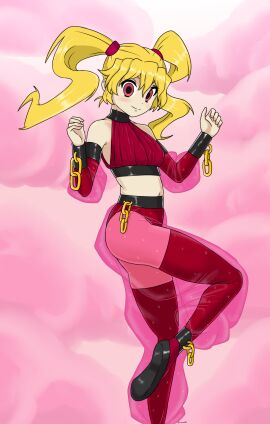 belly belly_button blonde_female blonde_hair blush chains cropped cropped_feet female genie genie_girl gummidx light-skinned_female light_skin midriff oc original original_character pink_background pink_clouds posing red_eyes red_scrunchie red_spandex red_thighhighs red_topwear suzie_(gummidx) thick_thighs thighhighs thighs twintails