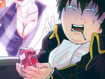 2girls big_breasts breast_press breasts canon_genderswap car_interior cigarette cleavage female female_only fully_clothed genderswap_(mtf) ginko_sakata gintama gintoki_sakata hijikata_tenko hijikata_toshiro humor looking_at_viewer meme milk milk_carton redraw rule_63 shinsengumi_(gintama) smoking tears vaatil window woman_scared_of_breasts_(meme)