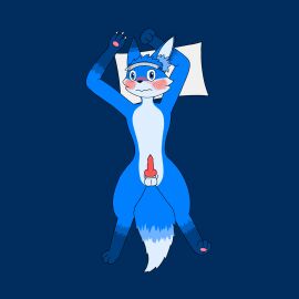 2024 absurd_res anthro balls big_tail blue_body blue_fur blush canid canine digital_media_(artwork) embarrassed erection flat_colors fox fox_tail front_view fur genitals hi_res knot lying male male_only mammal multicolored_body multicolored_fur nude nude_anthro on_front paperclip95 paperclip_the_fox penis pillow solo tail visor