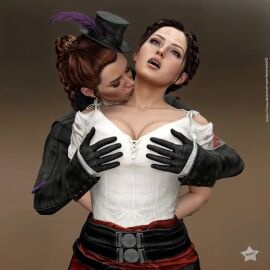 2girls assassin's_creed_(series) assassin's_creed_syndicate big_breasts breasts evie_frye kissing_neck lucy_thorne rubbing_breasts tagme video