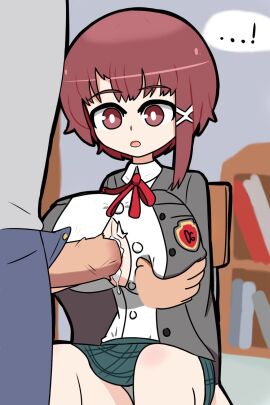 ...! 1boy 1girls 2025 asymmetrical_hair bangs black_jacket blue_pants blue_skirt breasts brown_eyes brown_hair buttons censor_bar censored censored_penis chair collared_shirt cum_between_breasts disembodied_hand exclamation_point expressionless female grabbing grabbing_breasts green_skirt grey_jacket hair_ornament hairclip huge_breasts indoors jacket lain_iwakura male nanaya_zz open_mouth paizuri paizuri_under_clothes penis perpendicular_paizuri plaid_skirt red_ribbon ribbon school_uniform schoolgirl serial_experiments_lain shirt short_hair simple_background simple_shading sitting skirt straight unbuttoned upskirt white_blouse white_pupils white_shirt x_hair_ornament