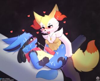 absurd_res anthro blush bodily_fluids braixen breasts cum cum_inside cum_on_body cum_on_face cumshot duo ejaculation gay generation_4_pokemon generation_6_pokemon genital_fluids genitals hi_res jewelry knot lucario male male/male male_only necklace nintendo penetration penis pokemon pokemon_(species) scarf senz tail thrusting tongue tongue_out