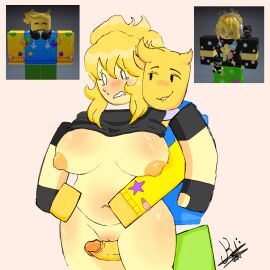 1boy 1girls areolae artist_request breasts breasts_out grinding_on_penis nipples noob noob_(roblox) penis pussy reference_image retroslop roblox roblox_avatar robloxian tagme thighs yellow_body yellow_skin
