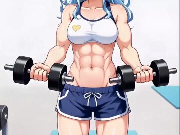 abs ai_generated blue_eyes blue_hair crop_top female midriff muscular_female selfie tagme underboob video workout