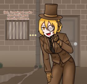 1girls blonde_female blonde_hair dialogue don_quixote_(limbus_company) empty_eyes female imminent_rape imminent_sex kreky limbus_company monocle one_eye_closed project_moon stopwatch t_corp_(identity)_(project_moon) text time_freeze time_stop top_hat