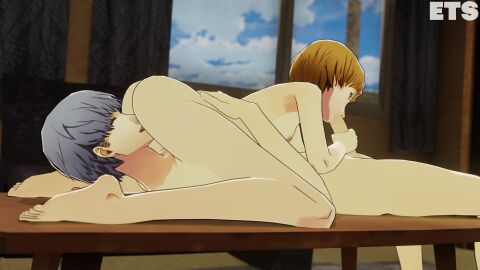 1boy 1girls 69_position ass atlus big_ass big_penis blowjob brown_hair couple eulathighstraps female grey_hair hand_on_penis male narukami_yu penis persona persona_4 pussy pussy_licking satonaka_chie shin_megami_tensei short_hair table tomboy