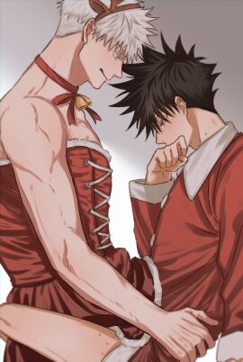 2boys :q antlers bell black_hair blush bottomless christmas coat crossdressing dress fur-trimmed_coat fur-trimmed_dress fur_trim fushiguro_megumi fushirun_rung gay green_eyes hickey horns jacket jujutsu_kaisen long_sleeves looking_at_another male male_focus masculine_crossdresser multiple_boys multiple_males mutual_masturbation neck_bell penis penises_touching reindeer_antlers satoru_gojo short_hair smile spiked_hair toned toned_male tongue tongue_out white_hair yaoi