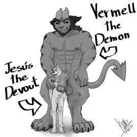 animal_genitalia animal_penis anthro duo equine_genitalia equine_penis felid feline femboy genitals greyscale hi_res jesus_the_devout lewd_catto male male/male mammal monochrome pecs penis size_difference skinny vermell