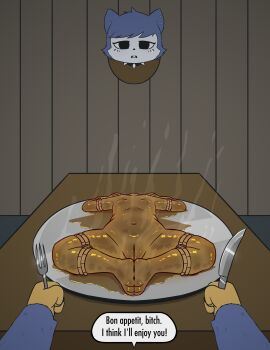 absurd_res anthro bound collar cooking_with_furs corpse death degradation dialogue duo e254e female first_person_view food_dressed genitals gore hi_res imminent_vore insult knife kora_(e254e) male male_pov mammal mounted_trophy nude plate rodent sciurid severed_body_part severed_head spiked_collar spikes tree_squirrel vulva