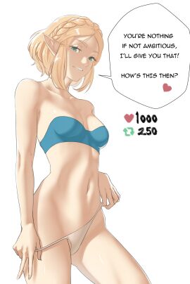 1girls armpits ass_visible_through_thighs bare_arms bare_shoulders blonde_hair blue_bra bra braid breasts collarbone english_text female female_only female_torso green_eyes grin heart highres looking_at_viewer medium_breasts meme midriff navel nintendo panties panty_pull pointy_ears pomelomelon princess_zelda short_hair smile solo strapless strapless_bra tears_of_the_kingdom teasing text the_legend_of_zelda the_legend_of_zelda:_tears_of_the_kingdom thighs twitter_strip_game_(meme) underwear undressing white_background white_panties zelda_(tears_of_the_kingdom)
