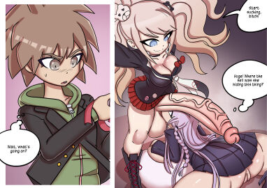 1boy 1futa 1girls ass balls blazer blonde_hair blue_eyes boots bottomless bow bra breasts brown_eyes brown_hair button_down_shirt cheating cheating_girlfriend cleavage clothed clothing commissioner_upload cucked_by_futa cuckold danganronpa danganronpa:_trigger_happy_havoc dialogue dvd english_dialogue english_text female filming fully_clothed futa_on_female futanari gift gift_box gigantic_breasts hammerspace heel_boots heeled_boots hoodie huge_ass huge_balls huge_breasts huge_cock human imminent_oral intersex izzybsides junko_enoshima kirigiri_kyouko kneeling light-skinned_female light-skinned_futa light-skinned_male light_skin male mostly_clothed naegi_makoto netorare no_panties ntr pants penis purple_eyes purple_hair recording skirt standing text tie veiny_penis venus_body