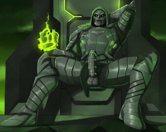 5_fingers acekhoexo armor armored_male armpits arms_up balls big_penis bodily_fluids clothed clothing digital_media_(artwork) doctor_doom doombot_(fortnite) epic_games erection faceless_male fortnite genitals glowing_eyes glowing_penis green_armor green_eyes green_markings grey_balls grey_body grey_glans grey_penis helmet highres hood huge_cock humanoid humanoid_genitalia humanoid_penis looking_at_viewer magic male male_only marvel marvel_comics mask masked masked_men muscular muscular_male nude nude_male penis robot robot_eyes robot_humanoid signature solo solo_male victor_von_doom warrior