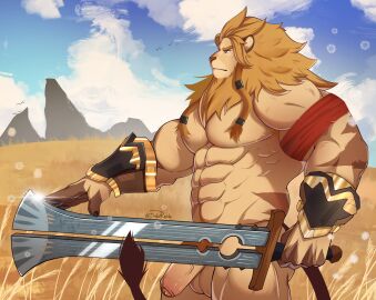 1boy abs absurdres afk_(series) afk_arena afk_journey anthro balls bara blue_sky brutus_(afk) claws cloud cloudy_sky drawreshi english_commentary field furry furry_male grasslands highres holding holding_sword holding_weapon lion male male_focus mountain nude pectorals penis profile sky solo_male sword tail testicles weapon yaoi
