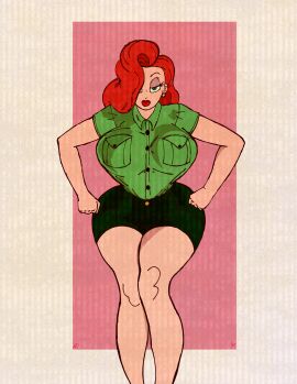 bangs_over_one_eye big_breasts hands_on_hips jessica_rabbit long_hair long_legs looking_at_viewer masochistmaverick massive_breasts red_hair shorts thick_thighs wavy_hair